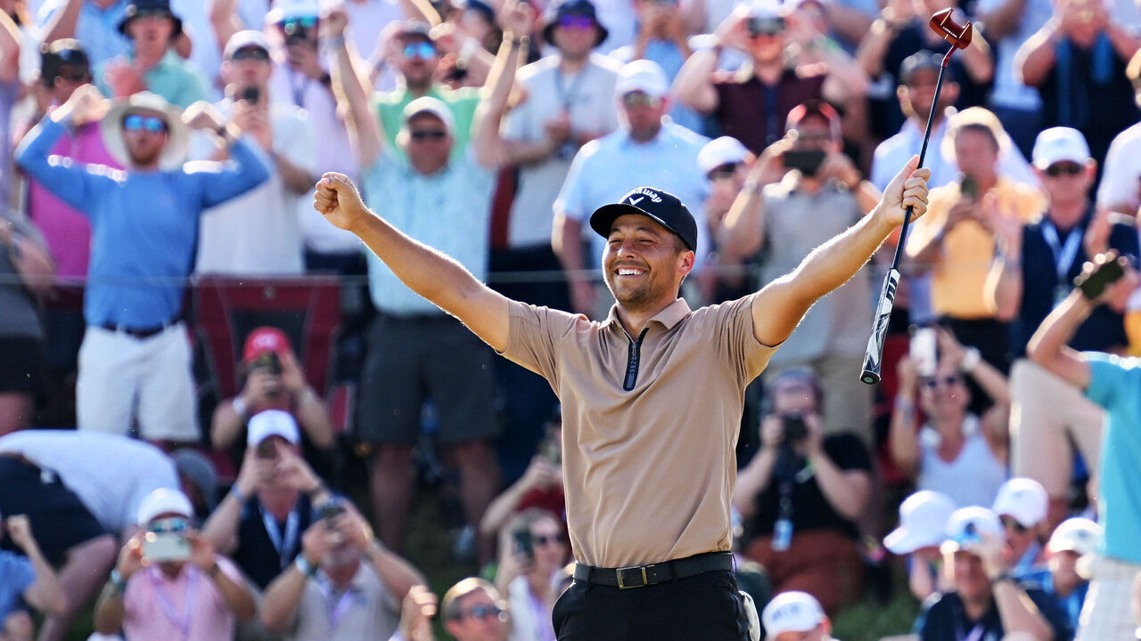 LOUISVILLE, KENTUCKY - MAY 19: Xander Schauffele of the United States celebrates after winning on the 18th green during the final round of the 2024 PGA Championship at Valhalla Golf Club on May 19, 2024 in Louisville, Kentucky.