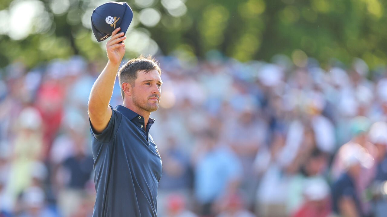 LOUISVILLE, KENTUCKY - MAY 19: Bryson DeChambeau of the United States acknowledges the crowd on the 18th green during the final round of the 2024 PGA Championship at Valhalla Golf Club on May 19, 2024 in Louisville, Kentucky.