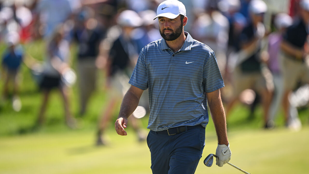 LOUISVILLE, KENTUCKY - MAY 19: Scottie Scheffler of the United States walks the 18th fairway during the final round of the 2024 PGA Championship at Valhalla Golf Club on May 19, 2024 in Louisville, Kentucky.