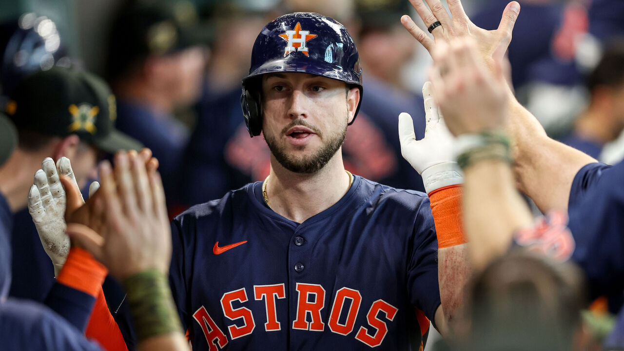 HOUSTON, TEXAS - MAY 19: Kyle Tucker #30 of the Houston Astros is congratulated in the dugout after a solo home run in the sixth inning against the Milwaukee Brewers at Minute Maid Park on May 19, 2024 in Houston, Texas.