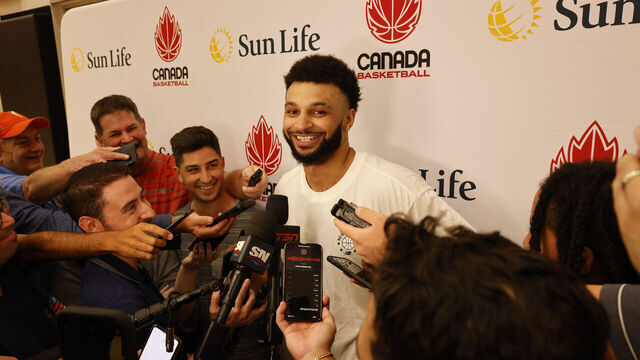 TORONTO, ON - August 2 - Jamal Murray of Canada's men's basketball team speaks to the media during the FIBA Men's Basketball World Cup training camp at the OVO Athletic Centre in Toronto. Lance McMillan/Toronto Star August-2-2023 (Lance McMillan/Toronto Star via Getty Images)