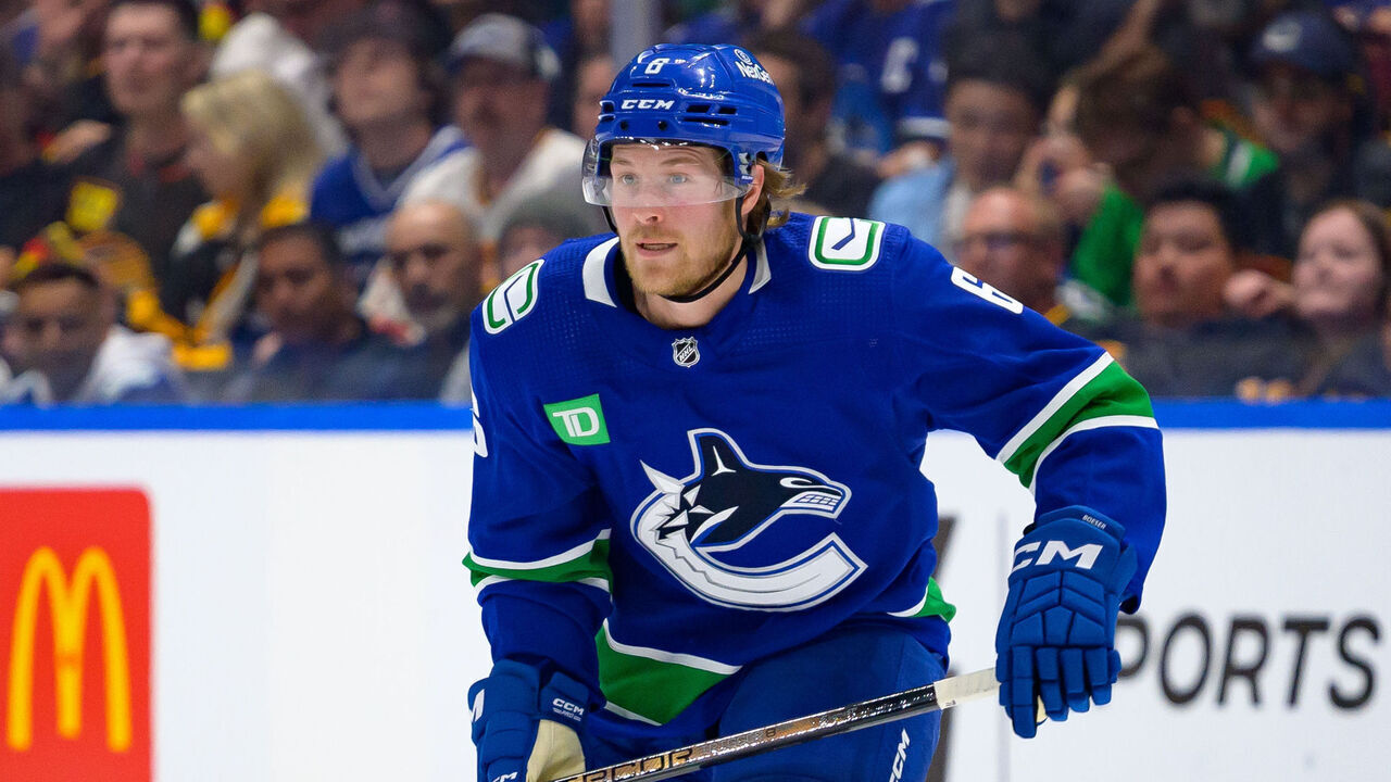 VANCOUVER, CANADA - MAY 16: Brock Boeser #6 of the Vancouver Canucks skates during the first period in Game Five of the Second Round of the 2024 Stanley Cup Playoffs against the Edmonton Oilers at Rogers Arena on May 16, 2024 in Vancouver, British Columbia, Canada.