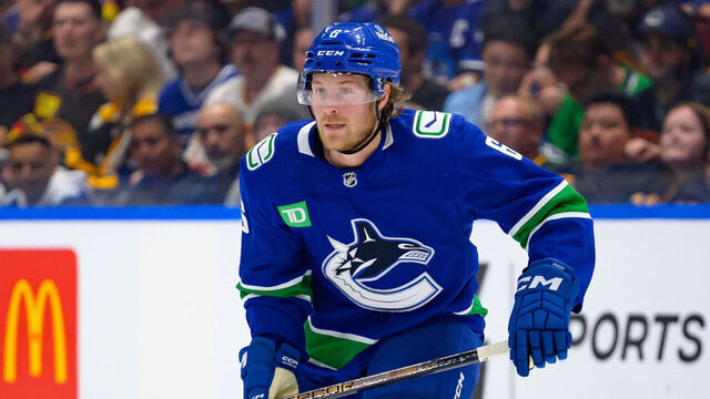 VANCOUVER, CANADA - MAY 16: Brock Boeser #6 of the Vancouver Canucks skates during the first period in Game Five of the Second Round of the 2024 Stanley Cup Playoffs against the Edmonton Oilers at Rogers Arena on May 16, 2024 in Vancouver, British Columbia, Canada.