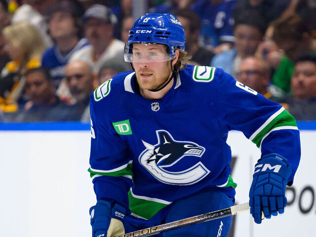 VANCOUVER, CANADA - MAY 16: Brock Boeser #6 of the Vancouver Canucks skates during the first period in Game Five of the Second Round of the 2024 Stanley Cup Playoffs against the Edmonton Oilers at Rogers Arena on May 16, 2024 in Vancouver, British Columbia, Canada.