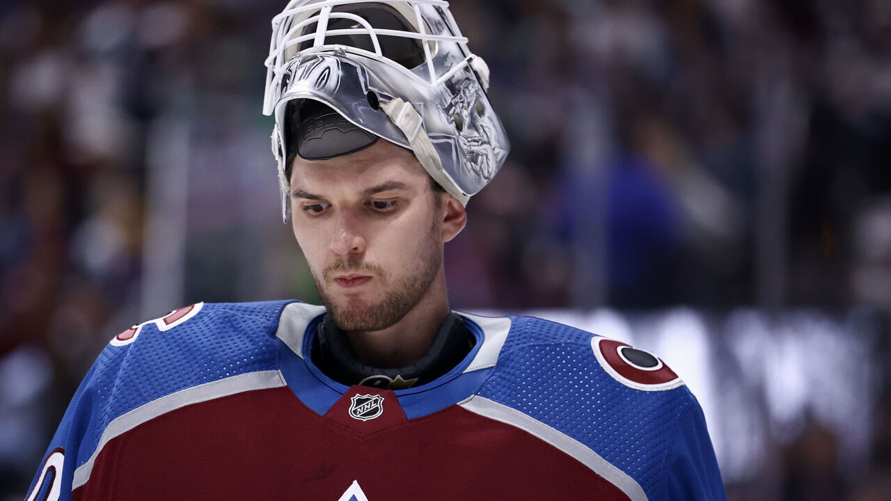 DENVER, COLORADO - MAY 17: Alexandar Georgiev #40 of the Colorado Avalanche reacts during the third period against the Dallas Stars in Game Six of the Second Round of the 2024 Stanley Cup Playoffs at Ball Arena on May 17, 2024 in Denver, Colorado.