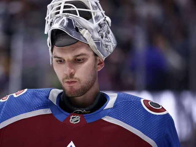DENVER, COLORADO - MAY 17: Alexandar Georgiev #40 of the Colorado Avalanche reacts during the third period against the Dallas Stars in Game Six of the Second Round of the 2024 Stanley Cup Playoffs at Ball Arena on May 17, 2024 in Denver, Colorado.