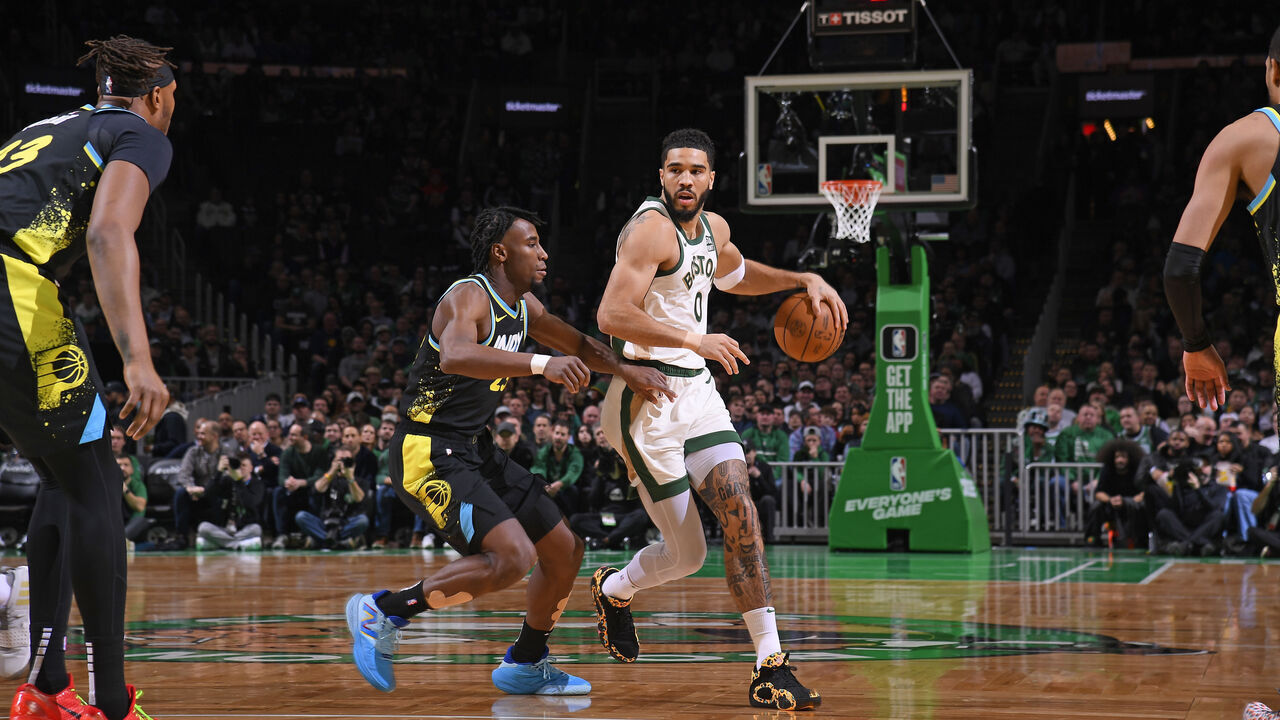 BOSTON, MA - JANUARY 30: Jayson Tatum #0 of the Boston Celtics dribbles the ball during the game against the Indiana Pacers on January 30, 2024 at the TD Garden in Boston, Massachusetts. Mandatory Copyright Notice: Copyright 2024 NBAE
