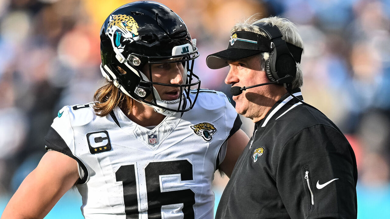 NASHVILLE, TN - JANUARY 07: Jacksonville Jaguars quarterback Trevor Lawrence (16) talks to Jacksonville Jaguars Head Coach Doug Pederson during the NFL game between the Tennessee Titans and the Jacksonville Jaguars on January 7, 2024, at Nissan Stadium in Nashville, TN.