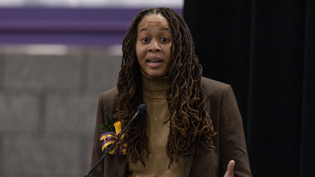 BATON ROUGE, LA - JANUARY 15: Former professional basketball player Seimone Augustus speaks during her statue unveiling before the game between the LSU Lady Tigers and the Auburn Tigers on January 15, 2023 at the Pete Maravich Assembly Center in Baton Rouge, LA.