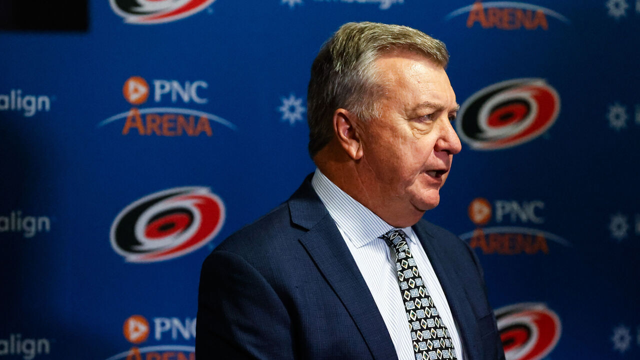 RALEIGH, NC - JANUARY 11: Carolina Hurricanes General Manager Don Waddell address the media about gambling during the second period of the game against the Anaheim Ducks at PNC Arena on January 11, 2024 in Raleigh, North Carolina.