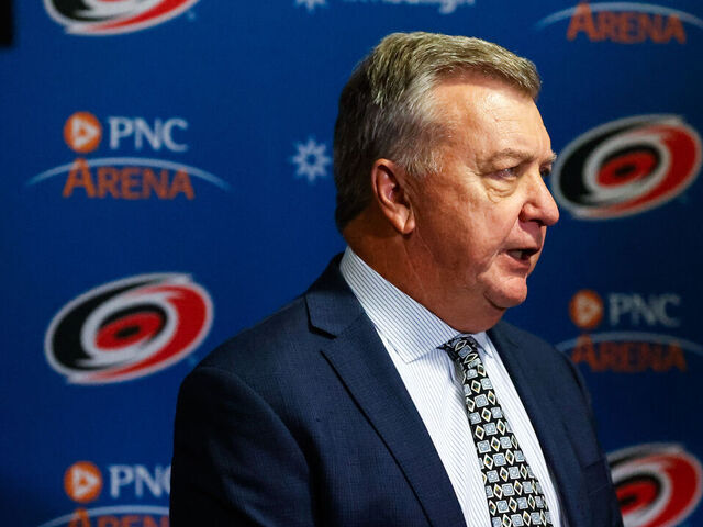 RALEIGH, NC - JANUARY 11: Carolina Hurricanes General Manager Don Waddell address the media about gambling during the second period of the game against the Anaheim Ducks at PNC Arena on January 11, 2024 in Raleigh, North Carolina.