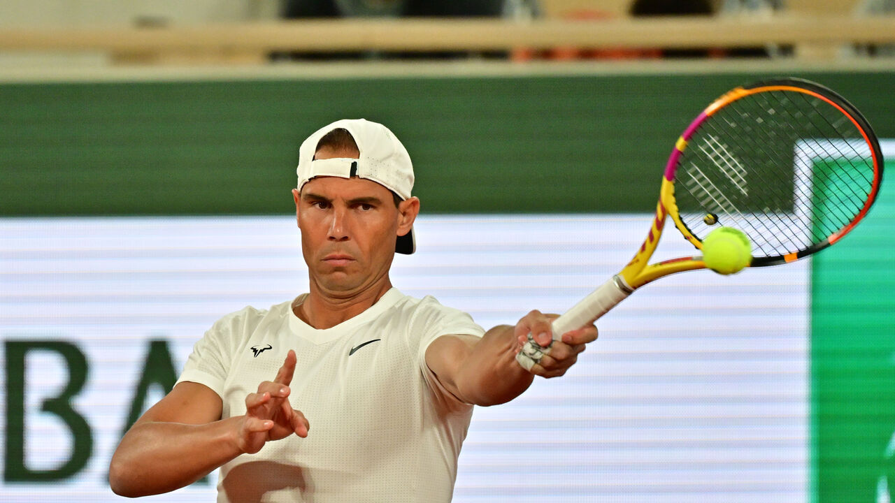 PARIS, FRANCE - MAY 20: Rafael Nadal of Spain plays a forehand during a training session at Roland Garros on May 20, 2024 in Paris, France.