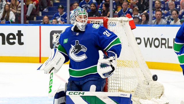 VANCOUVER, CANADA - MAY 10: Arturs Silovs #31 of the Vancouver Canucks in net during the third period in Game Two of the Second Round of the 2024 Stanley Cup Playoffs against the Edmonton Oilers at Rogers Arena on May 10, 2024 in Vancouver, British Columbia, Canada.