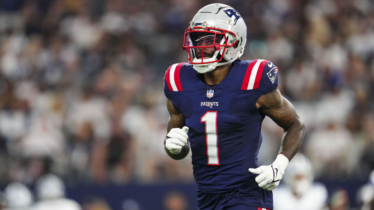 ARLINGTON, TX - OCTOBER 01: DeVante Parker #1 of the New England Patriots runs across the field at AT&T Stadium on October 1, 2023 in Arlington, Texas.