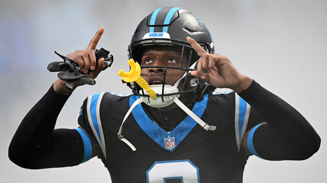 CHARLOTTE, NORTH CAROLINA - DECEMBER 17: Jaycee Horn #8 of the Carolina Panthers is introduced prior to a game against the Atlanta Falcons at Bank of America Stadium on December 17, 2023 in Charlotte, North Carolina.