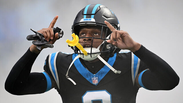 CHARLOTTE, NORTH CAROLINA - DECEMBER 17: Jaycee Horn #8 of the Carolina Panthers is introduced prior to a game against the Atlanta Falcons at Bank of America Stadium on December 17, 2023 in Charlotte, North Carolina.