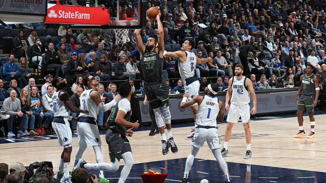MINNEAPOLIS, MN - JANUARY 31: Rudy Gobert #27 of the Minnesota Timberwolves drives to the basket during the game against the Dallas Mavericks on January 31, 2024 at Target Center in Minneapolis, Minnesota. Mandatory Copyright Notice: Copyright 2024 NBAE