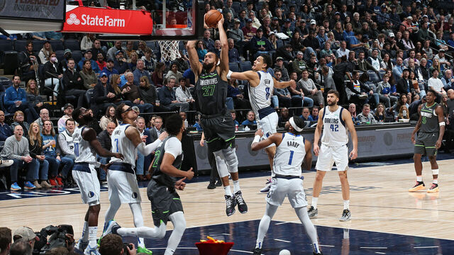 MINNEAPOLIS, MN - JANUARY 31: Rudy Gobert #27 of the Minnesota Timberwolves drives to the basket during the game against the Dallas Mavericks on January 31, 2024 at Target Center in Minneapolis, Minnesota. Mandatory Copyright Notice: Copyright 2024 NBAE