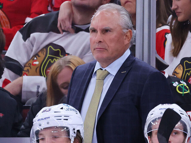 CHICAGO, ILLINOIS - SEPTEMBER 28: Head coach Craig Berube of the St. Louis Blues looks on against the Chicago Blackhawks during the second period of a preseason game at the United Center on September 28, 2023 in Chicago, Illinois.