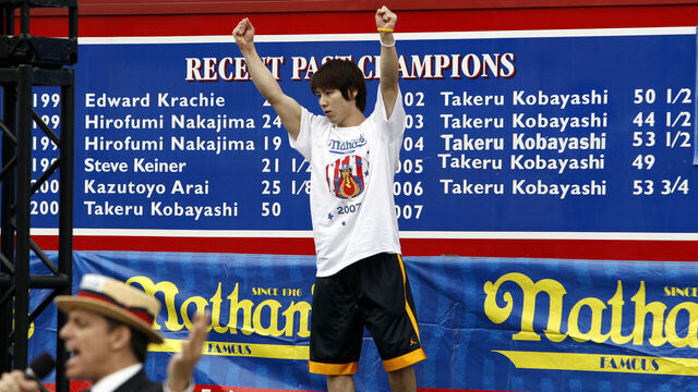 Brooklyn, UNITED STATES: Takeru Kobayashi of Nagano, Japan is introduced in front of a billboard showing his six consecutive wins and number of hot dogs ate during the annual International July Fourth Hot Dog Eating Contest, 04 July 2007, at the original Nathan?s Famous restaurant in the Coney Island section of Brooklyn, NY. Joey Chestnut of San Jose, California won by eating 66 hot dogs in 12 minutes, a world record, beating defending and six-time champion Kobayashi. The initial count was tied at 63 after the 12 minutes, but judges awarded Chestnut 3 more hot dogs after counting their plates. AFP PHOTO/Stan HONDA