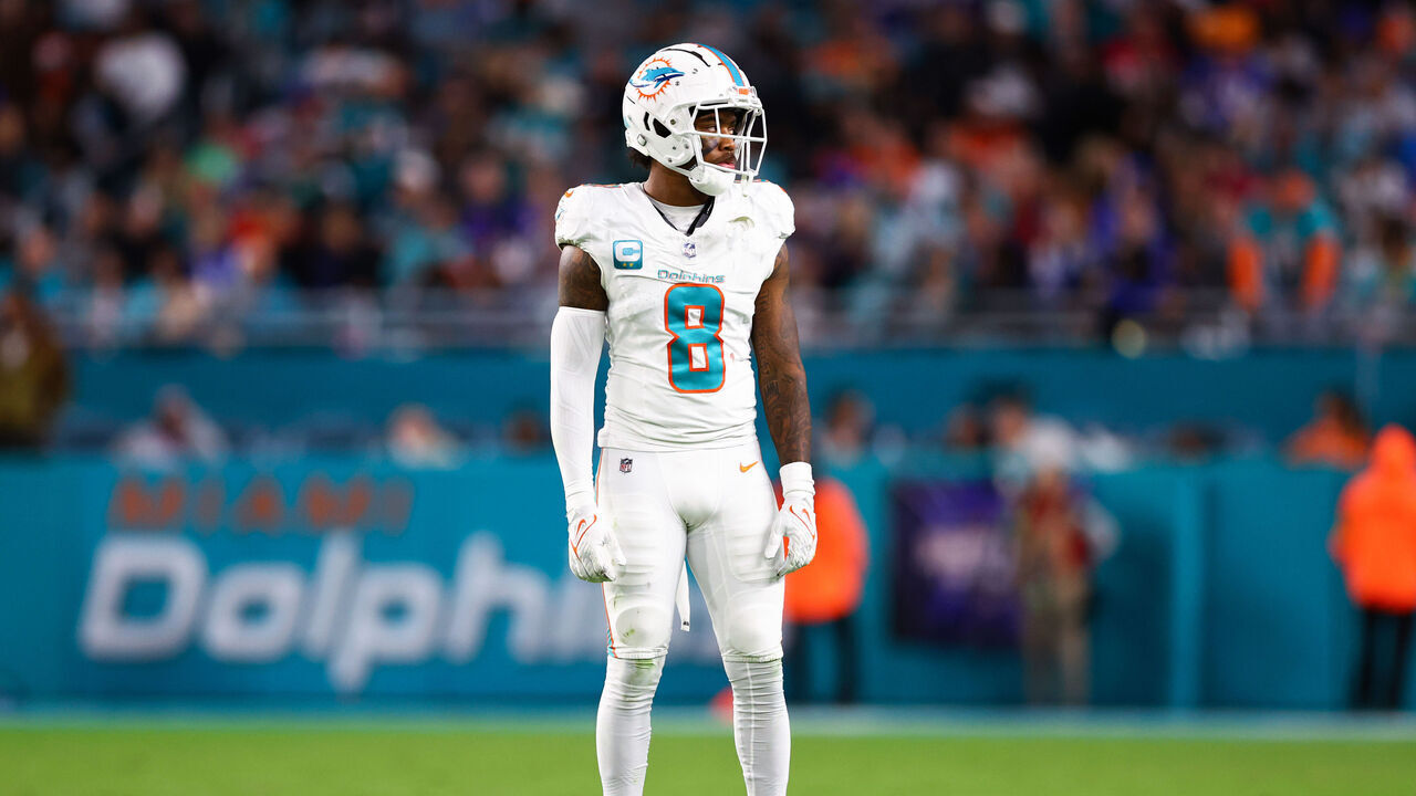 MIAMI GARDENS, FLORIDA - JANUARY 07: Jevon Holland #8 of the Miami Dolphins looks on during the second half against the Buffalo Bills at Hard Rock Stadium on January 07, 2024 in Miami Gardens, Florida.