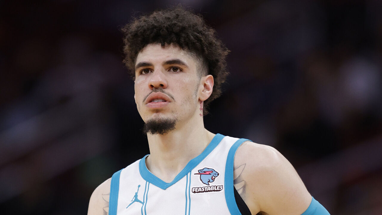 HOUSTON, TEXAS - NOVEMBER 01: LaMelo Ball #1 of the Charlotte Hornets looks on during the first half against the Houston Rocketsat Toyota Center on November 01, 2023 in Houston, Texas.