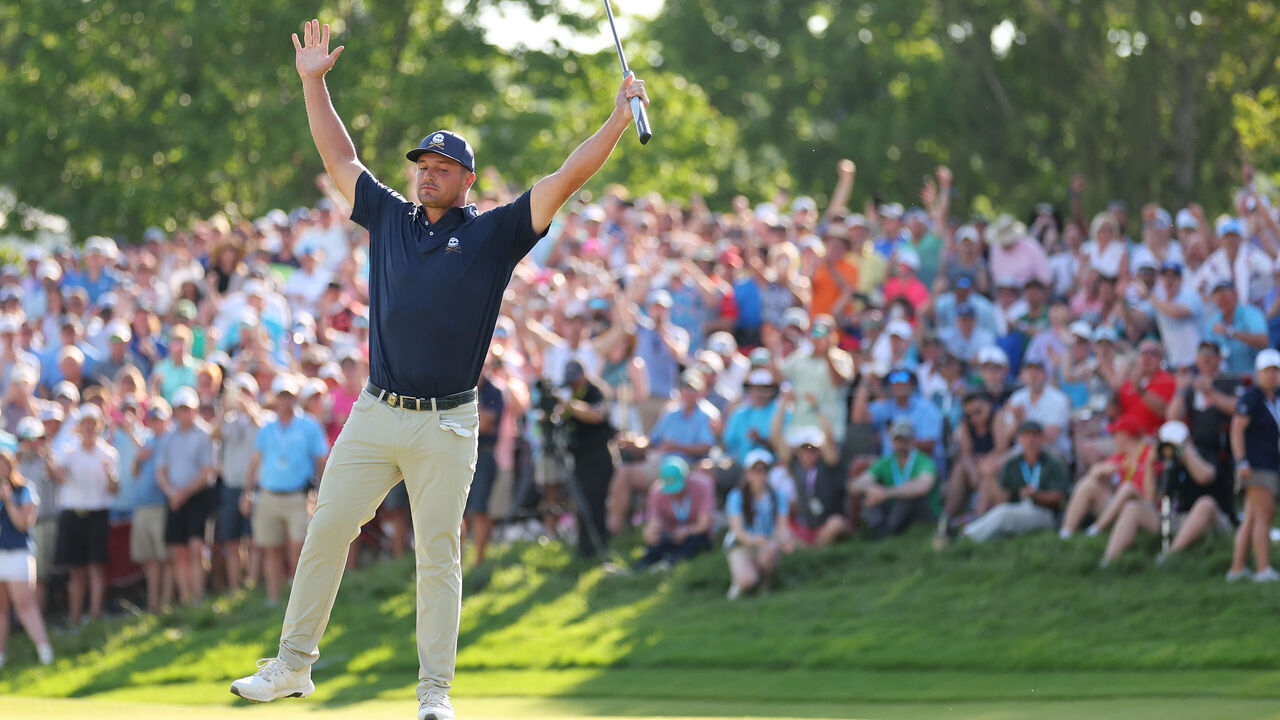 LOUISVILLE, KENTUCKY - MAY 19: Bryson DeChambeau of the United States reacts on the 18th green during the final round of the 2024 PGA Championship at Valhalla Golf Club on May 19, 2024 in Louisville, Kentucky.