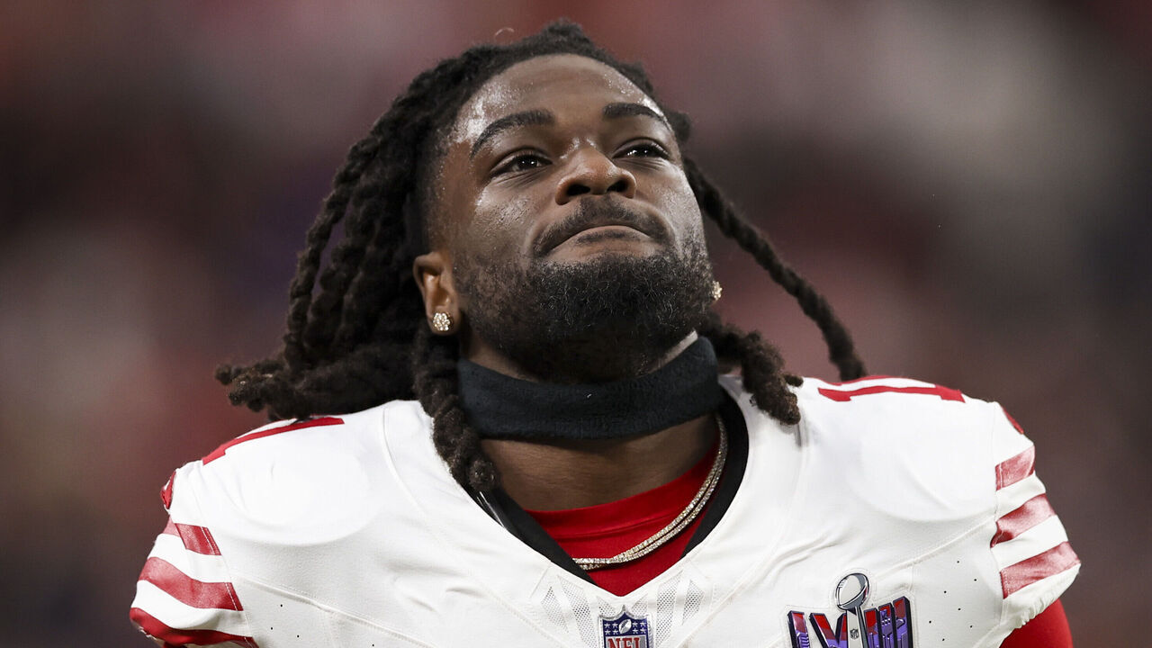 LAS VEGAS, NV - FEBRUARY 11: Brandon Aiyuk #11 of the San Francisco 49ers looks on during Super Bowl LVIII against the Kansas City Chiefs at Allegiant Stadium on February 11, 2024 in Las Vegas, NV.