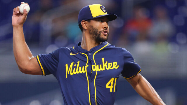 MIAMI, FLORIDA - MAY 20: Joe Ross #41 of the Milwaukee Brewers pitches against the Miami Marlins during the first inning of the game at loanDepot park on May 20, 2024 in Miami, Florida.