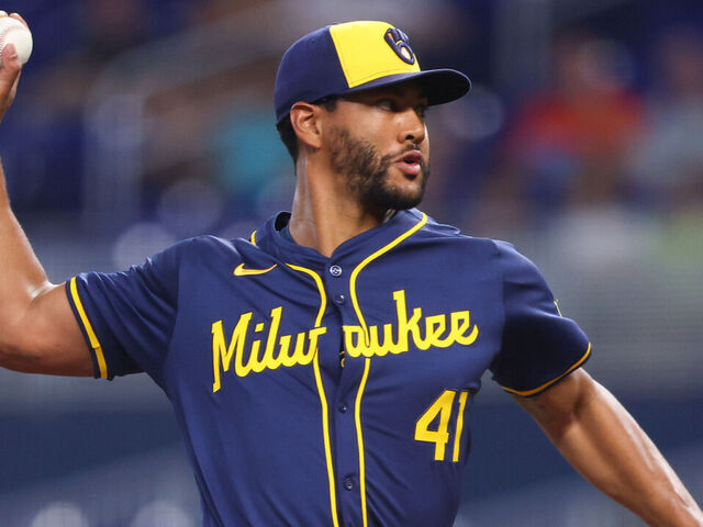 MIAMI, FLORIDA - MAY 20: Joe Ross #41 of the Milwaukee Brewers pitches against the Miami Marlins during the first inning of the game at loanDepot park on May 20, 2024 in Miami, Florida.