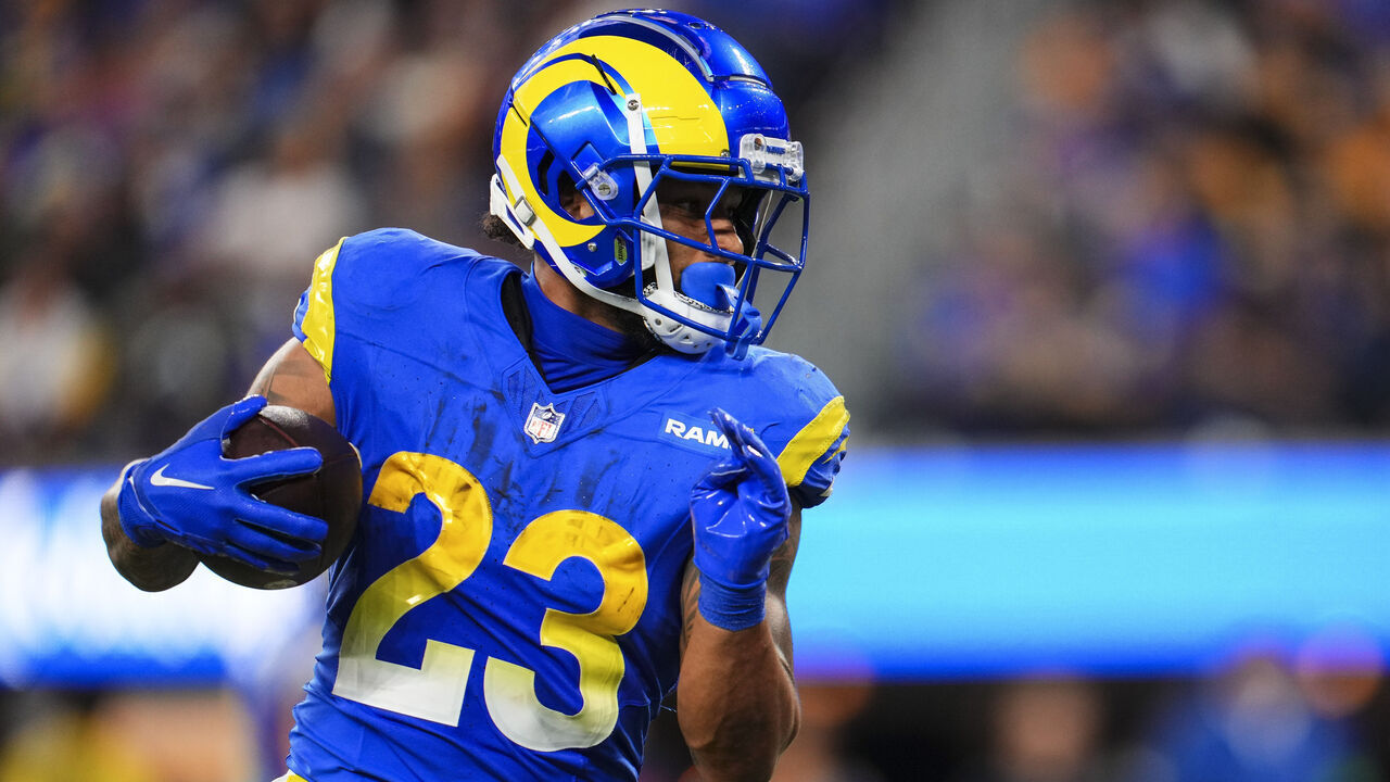 INGLEWOOD, CA - DECEMBER 21: Kyren Williams #23 of the Los Angeles Rams runs the ball during an NFL football game against the New Orleans Saints at SoFi Stadium on December 21, 2023 in Inglewood, California.