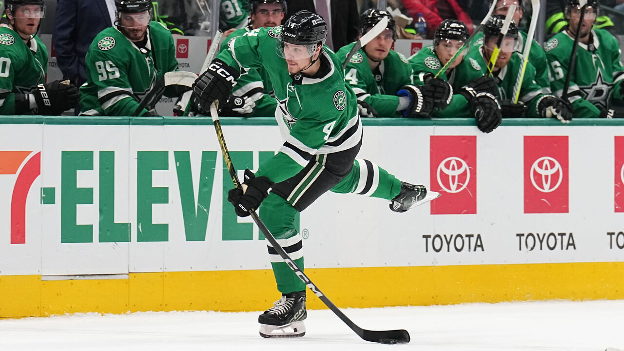 DALLAS, TX - FEBRUARY 29: Miro Heiskanen #4 of the Dallas Stars makes a pass to a teammate against the Winnipeg Jets at the American Airlines Center on February 29, 2024 in Dallas, Texas.