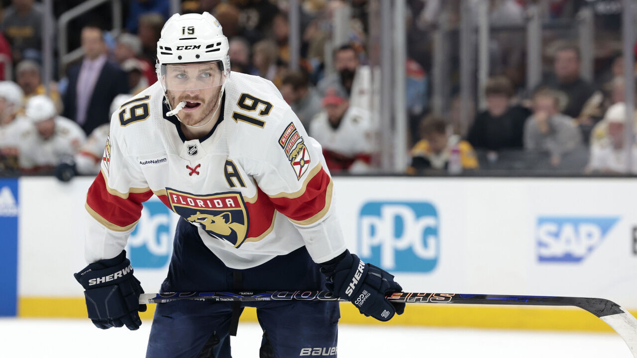 BOSTON, MA - MAY 12: Florida Panthers right wing Matthew Tkachuk (19) waits on a face off during Game 4 of the Eastern Conference Second Round playoffs between the Boston Bruins and the Florida Panthers on May 12 2024, at TD Garden in Boston, Massachusetts.