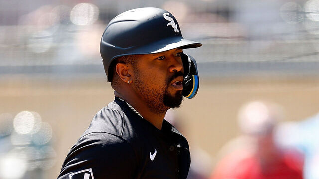 MINNEAPOLIS, MINNESOTA - APRIL 25: Eloy Jiménez #74 of the Chicago White Sox reacts to scoring a run on a sacrifice fly by teammate Kevin Pillar #12 against the Minnesota Twins in the second inning at Target Field on April 25, 2024 in Minneapolis, Minnesota.