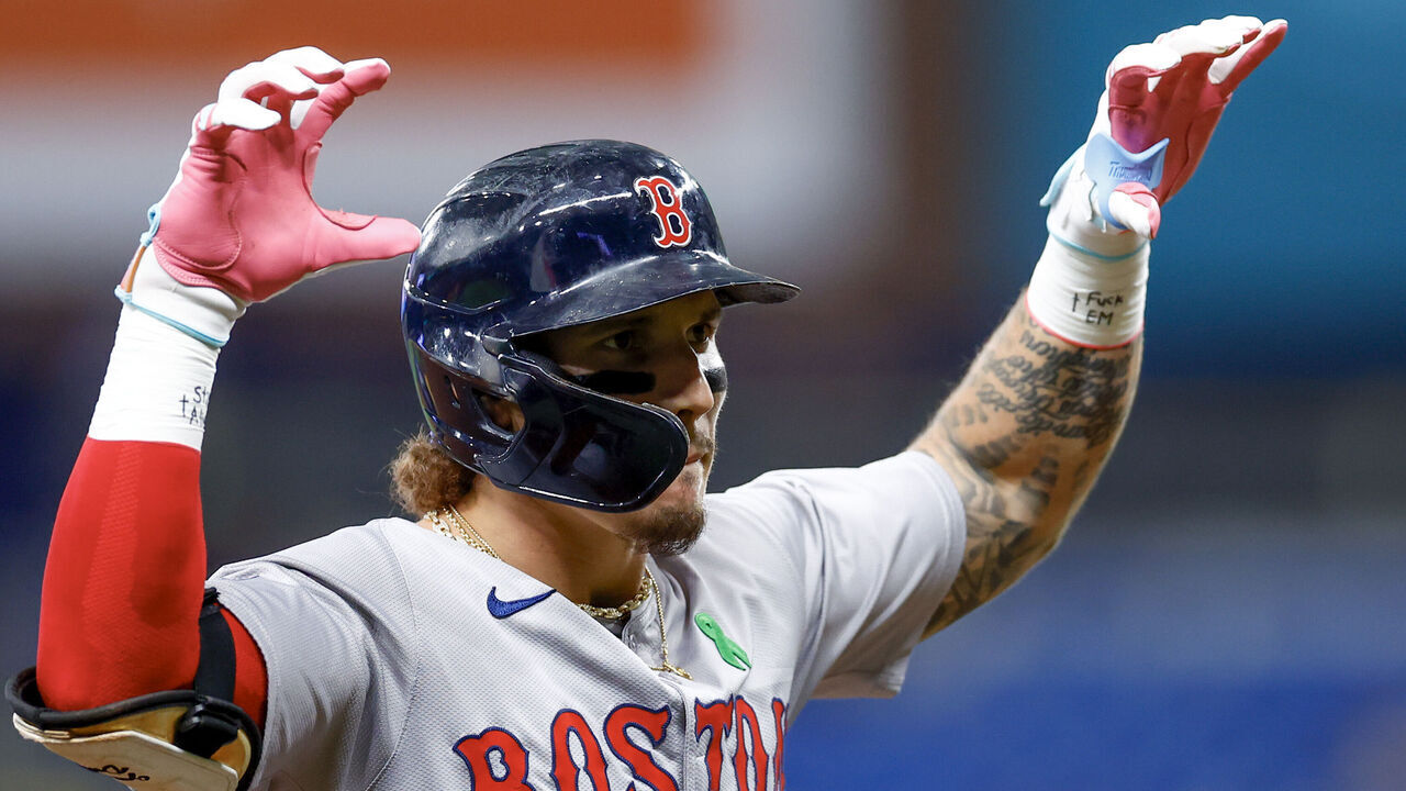 ST PETERSBURG, FLORIDA - MAY 20: Jarren Duran #16 of the Boston Red Sox reacts after hitting a triple during the third inning against the Tampa Bay Rays at Tropicana Field on May 20, 2024 in St Petersburg, Florida.