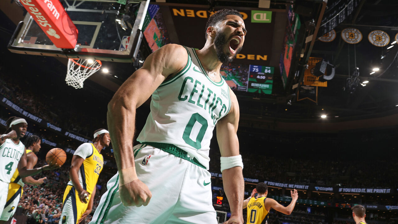 BOSTON, MA - MAY 21: Jayson Tatum #0 of the Boston Celtics celebrates during the game against the Indiana Pacers during Game 1 of the Eastern Conference Finals of the 2024 NBA Playoffs on May 21, 2024 at the TD Garden in Boston, Massachusetts. Mandatory Copyright Notice: Copyright 2024 NBAE