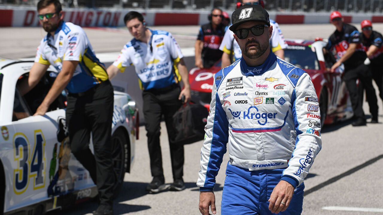 DARLINGTON, SC - MAY 11: Ricky Stenhouse Jr (#47 JTG Daugherty Racing Oscar Mayer/Artesano Bread Chevrolet) looks on during qualifying for the running of the NASCAR Cup Series Goodyear 400 on May 11, 2024, at Darlington Raceway in Darlington, SC.