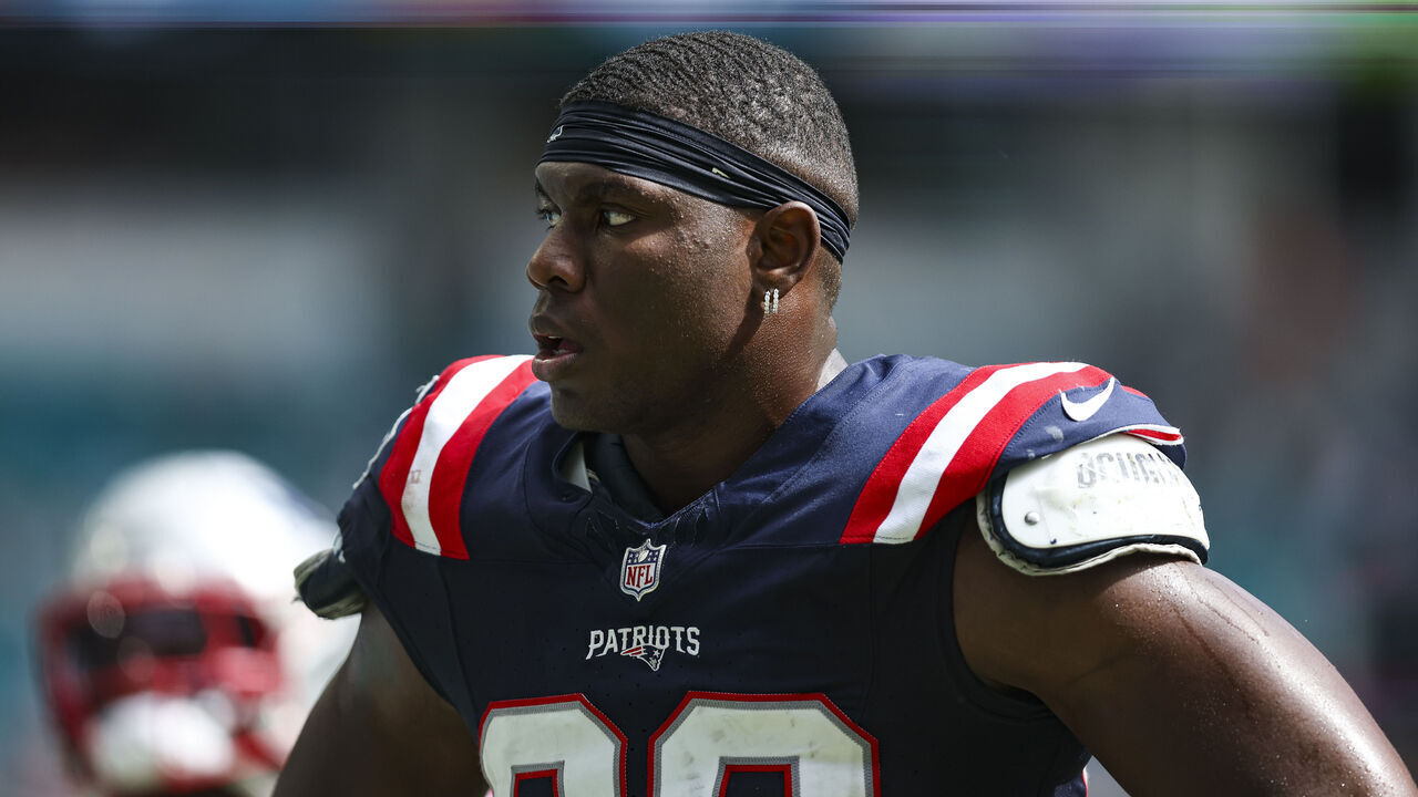 MIAMI GARDENS, FL - OCTOBER 29: Keion White #99 of the New England Patriots walks off of the field during an NFL football game against the Miami Dolphins at Hard Rock Stadium on October 29, 2023 in Miami Gardens, Florida.