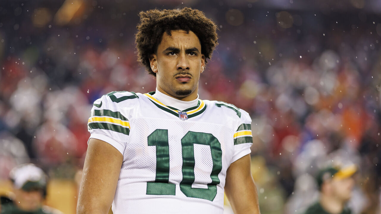 SANTA CLARA, CALIFORNIA - JANUARY 20: Jordan Love #10 of the Green Bay Packers looks on from the sideline before an NFC divisional round playoff football game against the San Francisco 49ers at Levi's Stadium on January 20, 2024 in Santa Clara, California.