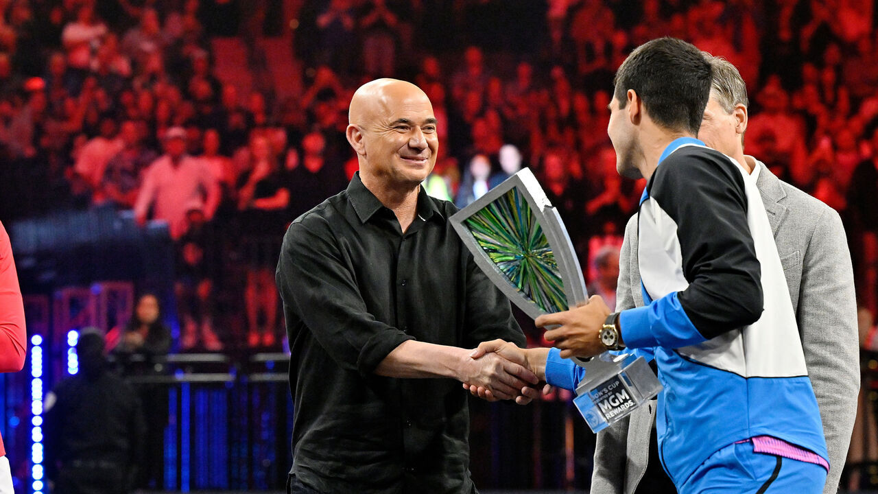 LAS VEGAS, NEVADA - MARCH 03: (L-R) Rafael Nadal, Andre Agassi and Carlos Alcaraz attend The Netflix Slam, a live Netflix Sports event at the MGM Resorts | Michelob Ultra Arena on March 03, 2024 in Las Vegas, Nevada.