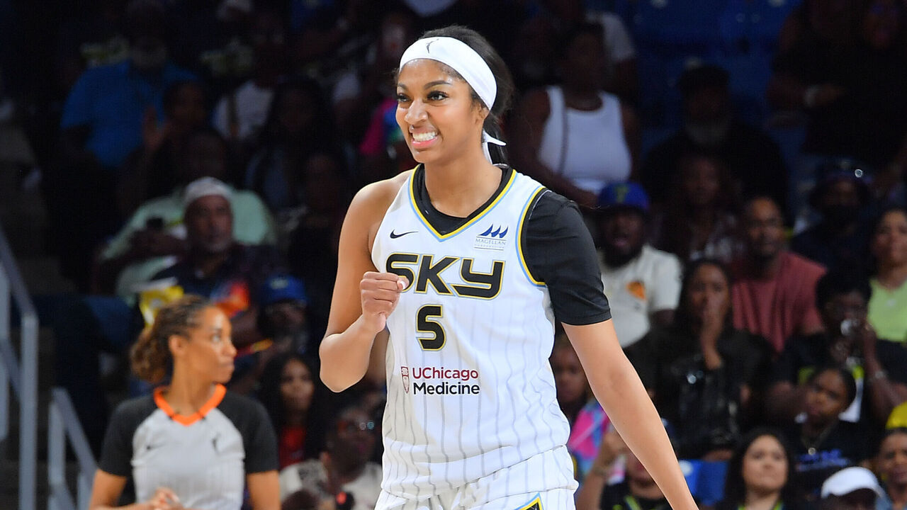 ARLINGTON, TX - MAY 18: Angel Reese #5 of the Chicago Sky looks on during the game against the Dallas Wings on May 18, 2024 at the College Park Center in Arlington, TX. Mandatory Copyright Notice: Copyright 2024 NBAE