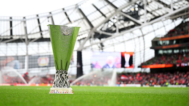 DUBLIN, IRELAND - MAY 22: A detailed view of the UEFA Europa League Trophy is seen on the pitch prior to the UEFA Europa League 2023/24 final match between Atalanta BC and Bayer 04 Leverkusen at Dublin Arena on May 22, 2024 in Dublin, Ireland.
