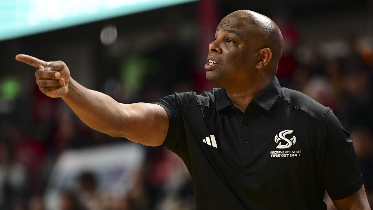 BOISE, IDAHO - MARCH 10: Head coach David Patrick of the Sacramento State Hornets calls out orders during the second half against the Eastern Washington Eagles at Idaho Central Arena on March 10, 2024 in Boise, Idaho.