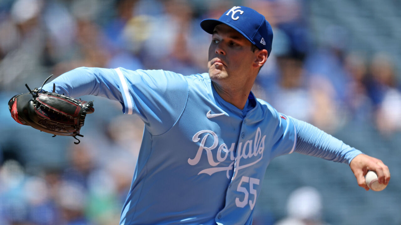 KANSAS CITY, MISSOURI - MAY 22: Starting pitcher Cole Ragans #55 of the Kansas City Royals pitches during the 1st inning of the game against the Detroit Tigers at Kauffman Stadium on May 22, 2024 in Kansas City, Missouri.