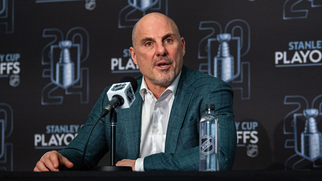 EDMONTON, CANADA - MAY 12: Head coach Rick Tocchet of the Vancouver Canucks addresses the media after his team's victory over the Edmonton Oilers in Game Three of the Second Round of the 2024 Stanley Cup Playoffs at Rogers Place on May 12, 2024, in Edmonton, Alberta, Canada.