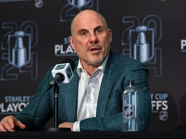 EDMONTON, CANADA - MAY 12: Head coach Rick Tocchet of the Vancouver Canucks addresses the media after his team's victory over the Edmonton Oilers in Game Three of the Second Round of the 2024 Stanley Cup Playoffs at Rogers Place on May 12, 2024, in Edmonton, Alberta, Canada.