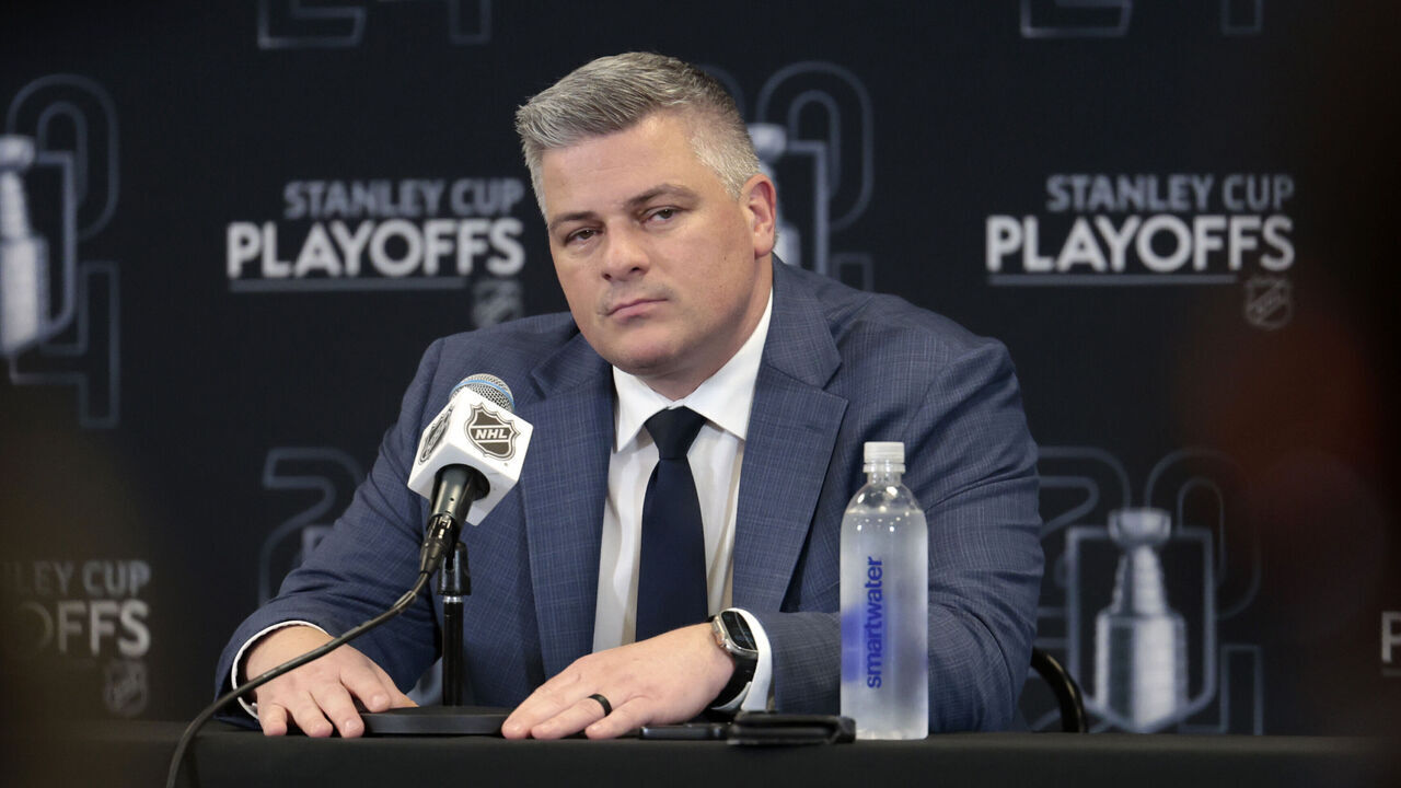 BOSTON, MA - MAY 04: Toronto Maple Leafs head coach Sheldon Keefe fields questions after Game 7 of the Eastern Conference First Round playoffs between the Boston Bruins and the Toronto Maple Leafs on May 4, 2024, at TD Garden in Boston, Massachusetts.