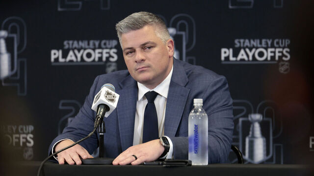 BOSTON, MA - MAY 04: Toronto Maple Leafs head coach Sheldon Keefe fields questions after Game 7 of the Eastern Conference First Round playoffs between the Boston Bruins and the Toronto Maple Leafs on May 4, 2024, at TD Garden in Boston, Massachusetts.