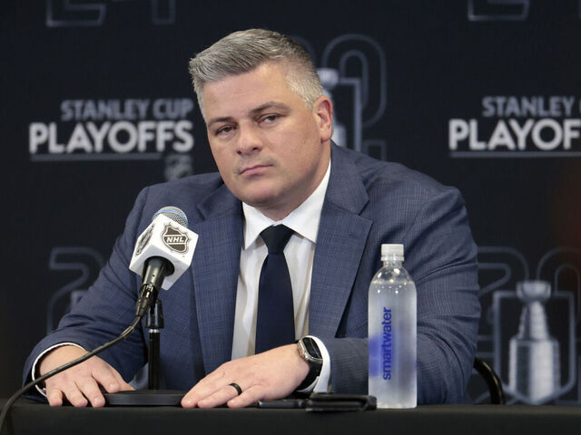 BOSTON, MA - MAY 04: Toronto Maple Leafs head coach Sheldon Keefe fields questions after Game 7 of the Eastern Conference First Round playoffs between the Boston Bruins and the Toronto Maple Leafs on May 4, 2024, at TD Garden in Boston, Massachusetts.