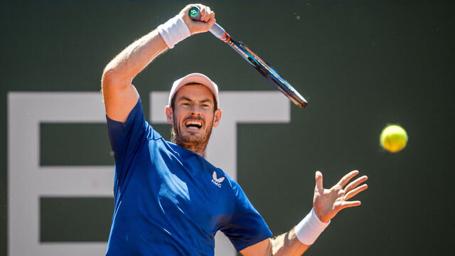 Britain's Andy Murray returns the ball to Germany's Yannick Hanfmann during their ATP 250 Geneva Open tennis tournament single match, in Geneva, on May 21, 2024.